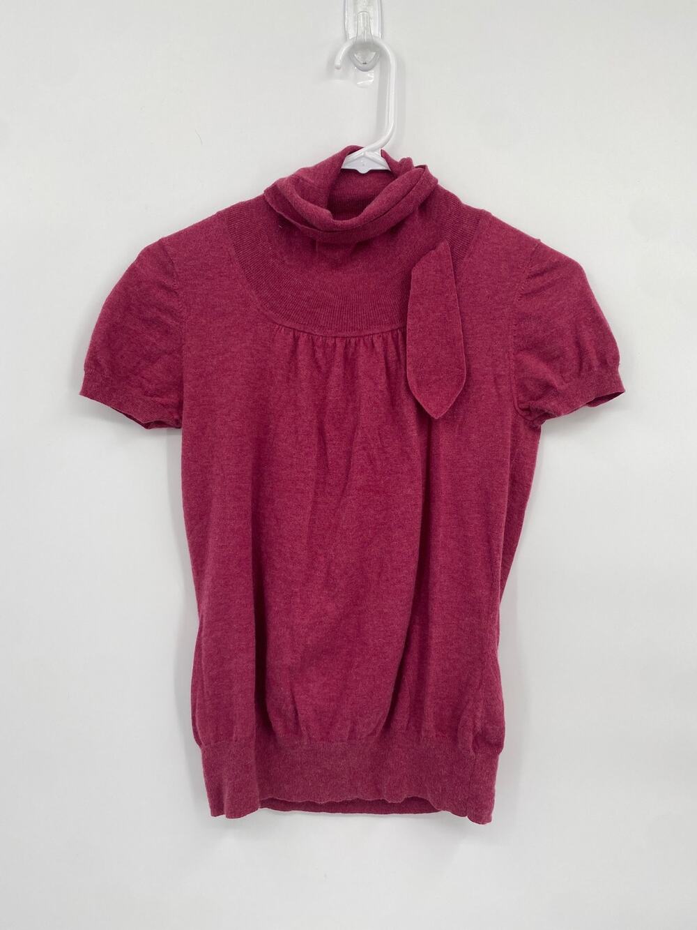 Banana Republic Raspberry Red Short Sleeve Sweater Turtleneck Tie Neck S Petite